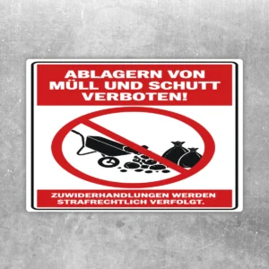 Roter Verbotsaufkleber mit Text gegen das Abladen von Müll und Schutt sowie Symbol für illegale Ablagerung.
