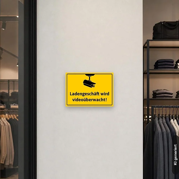 KI-generiertes Anwendungsbeispiel für Schild Ladengeschäft wird videoüberwacht Videoüberwachung: Schild klein und realistisch am passenden Einsatzort dargestellt.