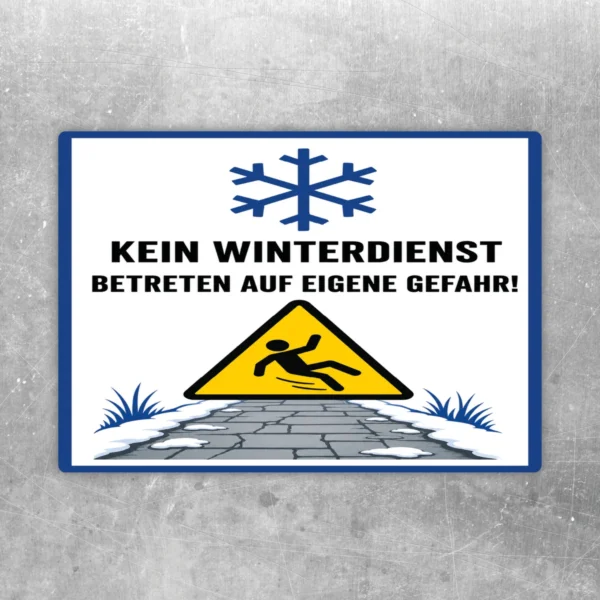 Warnaufkleber Kein Winterdienst mit Schneeflocke, Rutschsymbol und gelbem Warndreieck für winterliche Zugänge.