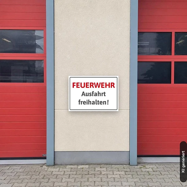 KI-generiertes Anwendungsbeispiel für Schild Feuerwehr Ausfahrt freihalten: Schild klein und realistisch am passenden Einsatzort dargestellt.