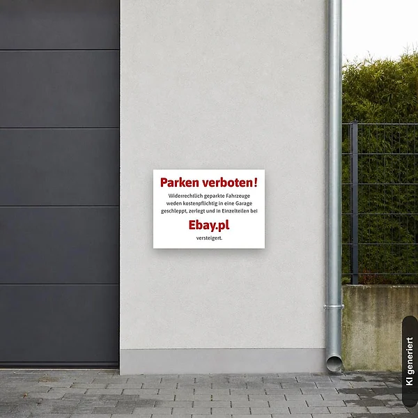 KI-generiertes Anwendungsbeispiel für Schild Parken verboten ebay Polen: Schild klein und realistisch am passenden Einsatzort dargestellt.