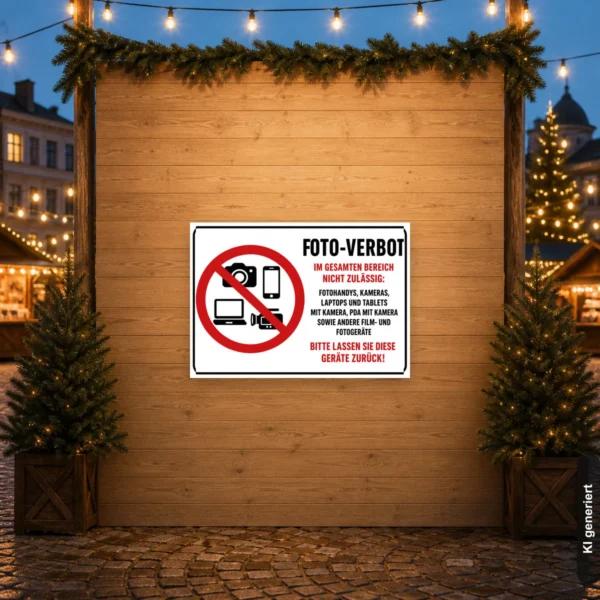 KI-generiertes Anwendungsbeispiel: Foto-Verbot Schild an einem Eingang mit Kamera- und Smartphone-Symbol, textlich klar als Geräteverbot gekennzeichnet.