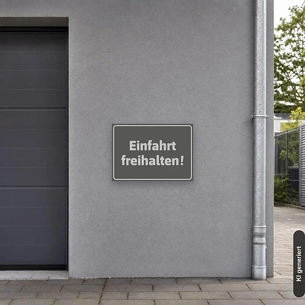 KI-generiertes Anwendungsbeispiel für Schild Einfahrt freihalten grau edel: Schild klein und realistisch am passenden Einsatzort dargestellt.