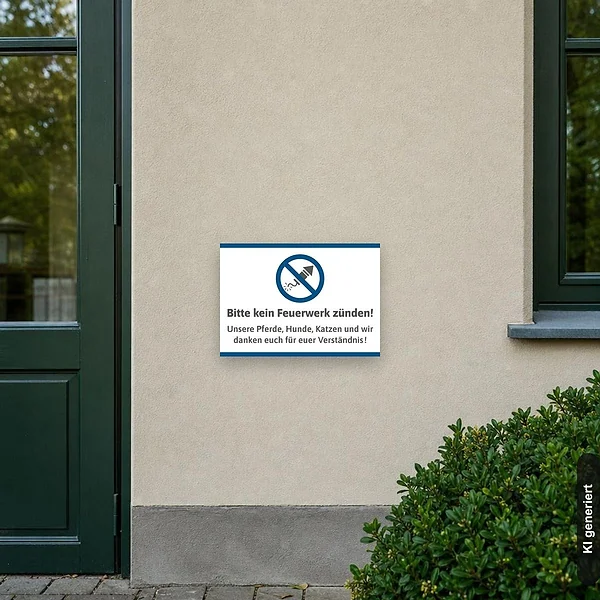 KI-generiertes Anwendungsbeispiel für Schild Bitte kein Feuerwerk zünden. Unsere Pferde, Hunde und Katzen danken!: Schild klein und realistisch am passenden Einsatzort dargestellt.