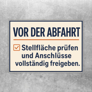Wohnmobil Aufkleber mit Text Vor der Abfahrt, Stellfläche prüfen und Anschlüsse vollständig freigeben.