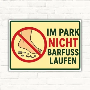 Schild mit Fuß im roten Verbotssymbol und dem Text „IM PARK NICHT BARFUSS LAUFEN“ als Querformat-Hinweis.
