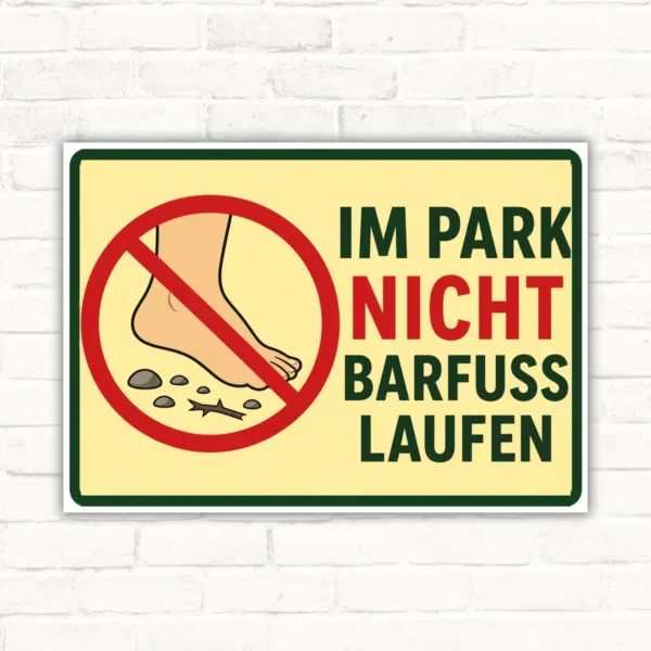 Schild mit Fuß im roten Verbotssymbol und dem Text „IM PARK NICHT BARFUSS LAUFEN“ als Querformat-Hinweis.