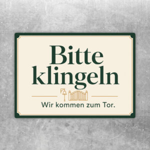 Bitte klingeln Aufkleber im Querformat mit Tor-Illustration und Text Wir kommen zum Tor in Beige und Braun.