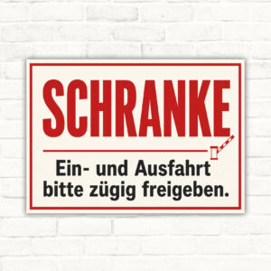 Querformatiges Schranke Schild mit Text „Ein- und Ausfahrt bitte zügig freigeben.“ und illustrativer Zufahrt.