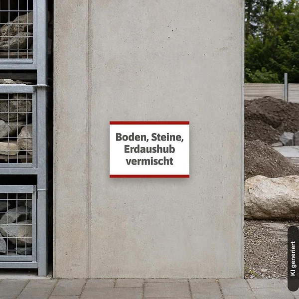 KI-generiertes Anwendungsbeispiel für Hinweisschild Boden, Steine, Erdaushub vermischt: Schild klein und realistisch am passenden Einsatzort dargestellt.