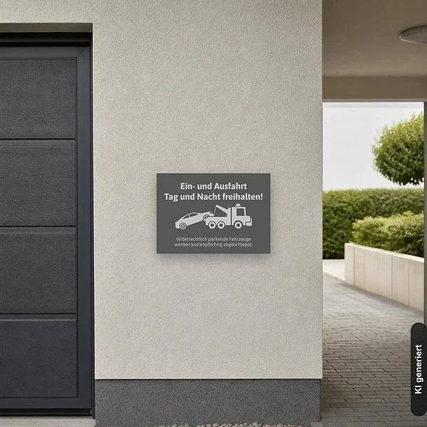 KI-generiertes Anwendungsbeispiel für Schild Einfahrt freihalten mit Abschlepper grau edel: Schild klein und realistisch am passenden Einsatzort dargestellt.