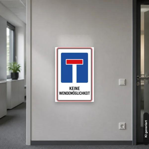 KI-generiertes Anwendungsbeispiel: Hochformat-Schild mit blauem T-Symbol und Text „KEINE WENDEMÖGLICHKEIT“ für eine schmale Hofeinfahrt.