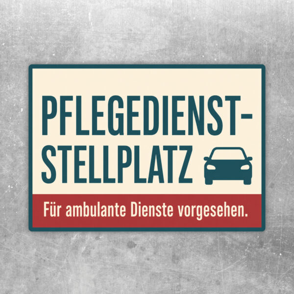 Querformatiger Pflegedienst Stellplatz Aufkleber für ambulante Dienste in ruhiger beige-grauer Optik auf Metallgrund.