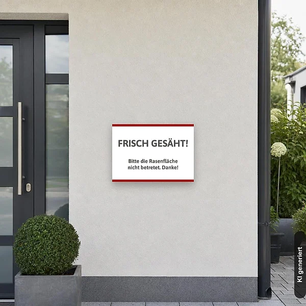 KI-generiertes Anwendungsbeispiel für Schild Frisch gesäht Rasenfläche nicht betreten: Schild klein und realistisch am passenden Einsatzort dargestellt.