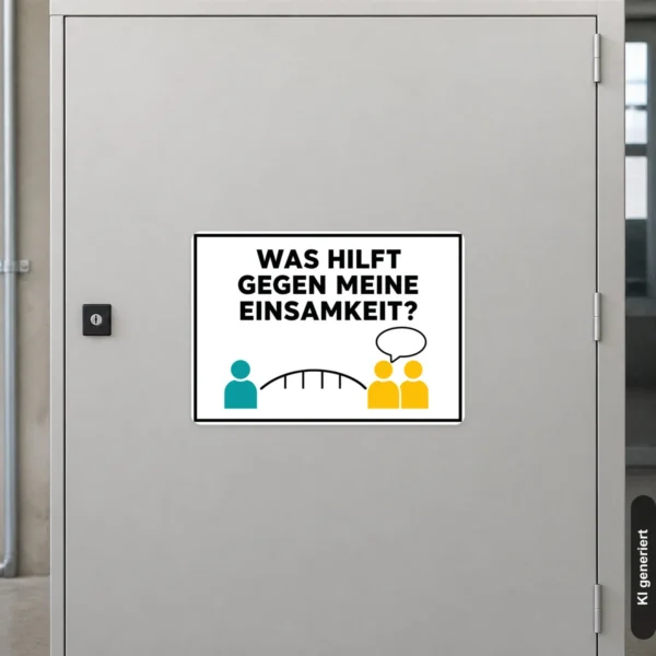KI-generiertes Anwendungsbeispiel: Querformatiger Spaßschild Einsamkeit Aufkleber an einer Tür mit dem Spruch „Was hilft gegen meine Einsamkeit?“.