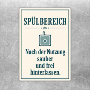 Spülbereich Aufkleber mit Spüle, Geschirr und Text „Nach der Nutzung sauber und frei hinterlassen“.