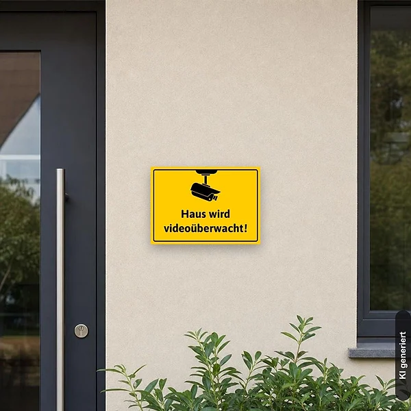 KI-generiertes Anwendungsbeispiel für Schild Haus wird videoüberwacht Videoüberwachung: Schild klein und realistisch am passenden Einsatzort dargestellt.