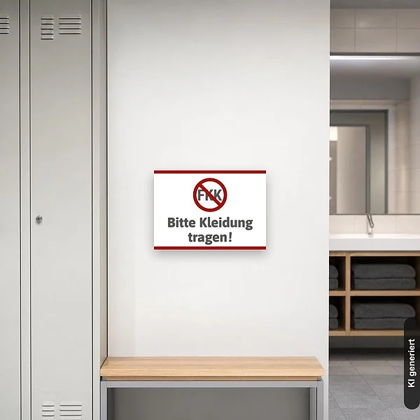 KI-generiertes Anwendungsbeispiel für Schild Bitte Kleidung tragen: Schild klein und realistisch am passenden Einsatzort dargestellt.
