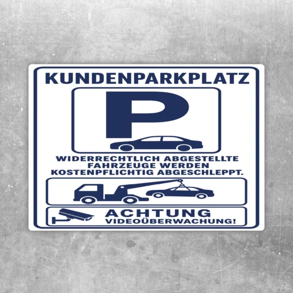 Kundenparkplatz Aufkleber mit Videoüberwachung und Abschlepphinweis in Blau und Weiß, hochformatig