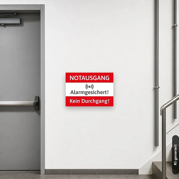 KI-generiertes Anwendungsbeispiel für Schild Notausgang Alarmgesichert Kein Durchgang: Schild klein und realistisch am passenden Einsatzort dargestellt.