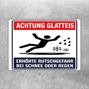 Achtung Glatteis Warnaufkleber mit stürzender Figur, Schnee- und Regensymbolen in Rot, Weiß, Schwarz und Dunkelblau.