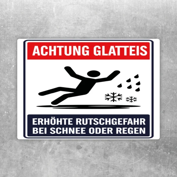 Achtung Glatteis Warnaufkleber mit stürzender Figur, Schnee- und Regensymbolen in Rot, Weiß, Schwarz und Dunkelblau.