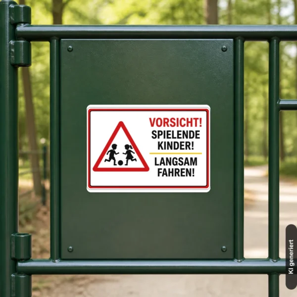 KI-generiertes Anwendungsbeispiel: Vorsicht spielende Kinder Aufkleber an einer Hofeinfahrt mit rotem Warnsymbol und klarer Fahrhinweis-Botschaft