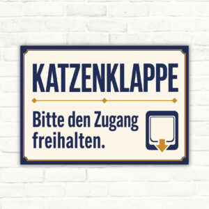 Katzenklappe Schild mit Text „Bitte den Zugang freihalten“ und Katze in farbig gestalteter Katzentür im Querformat.