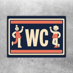 WC Aufkleber im Querformat mit Damen- und Herren-Symbolen in Dunkelblau, Creme und Korallrot für Türen und glatte Flächen.