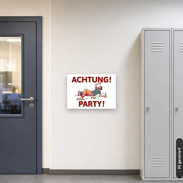 KI-generiertes Anwendungsbeispiel für Schild Achtung Party Hinweis Lustig: Schild klein und realistisch am passenden Einsatzort dargestellt.