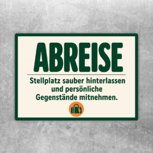 Aufkleber Abreise mit Wohnmobilmotiv: Stellplatz sauber hinterlassen und persönliche Gegenstände mitnehmen.