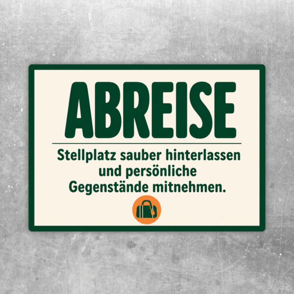 Aufkleber Abreise mit Wohnmobilmotiv: Stellplatz sauber hinterlassen und persönliche Gegenstände mitnehmen.