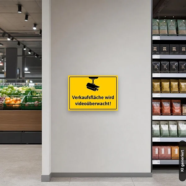 KI-generiertes Anwendungsbeispiel für Schild Verkaufsfläche wird videoüberwacht Videoüberwachung: Schild klein und realistisch am passenden Einsatzort dargestellt.