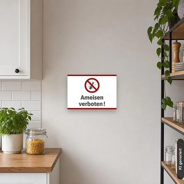 KI-generiertes Anwendungsbeispiel für Schild Ameisen verboten Hygieneschild: Schild klein und realistisch am passenden Einsatzort dargestellt.