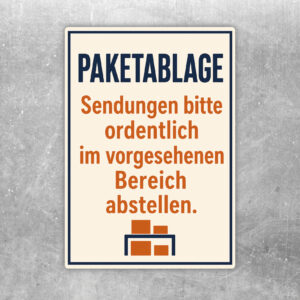 Paketablage Aufkleber mit illustrativem Ablagebereich, Paketen und Text zum ordentlichen Abstellen von Sendungen.