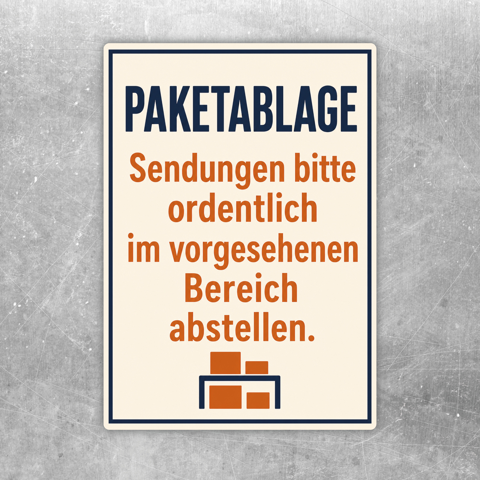 Paketablage-Aufkleber mit Originaltext und illustrierten Paketen auf einem Regal