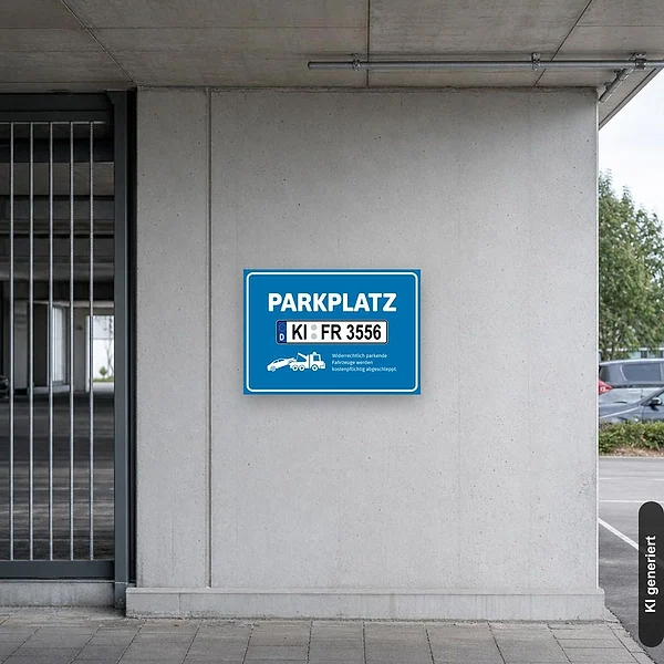 KI-generiertes Anwendungsbeispiel für Schild Parkplatz mit grossem individuellem Kennzeichen blau: Schild klein und realistisch am passenden Einsatzort dargestellt.