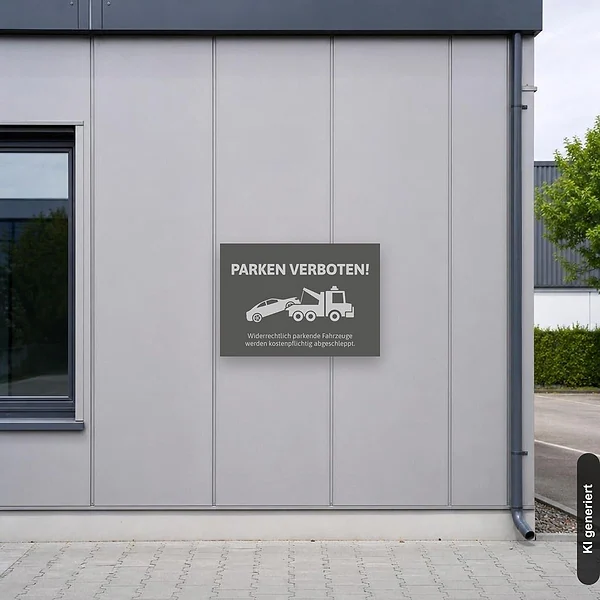 Graues Parken-verboten-Schild an einer gewerblichen Fassade