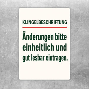 Klingelbeschriftung Aufkleber mit Illustration einer Klingelanlage und Hinweis zu einheitlichen Namenseinträgen.