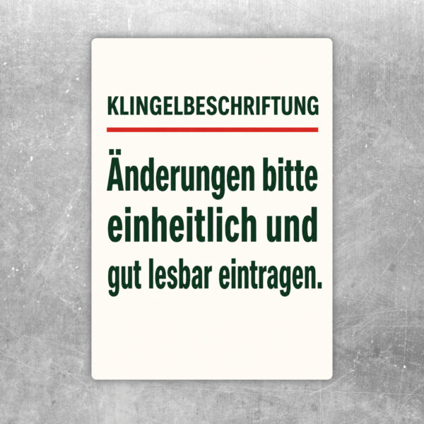 Klingelbeschriftung Aufkleber mit Illustration einer Klingelanlage und Hinweis zu einheitlichen Namenseinträgen.