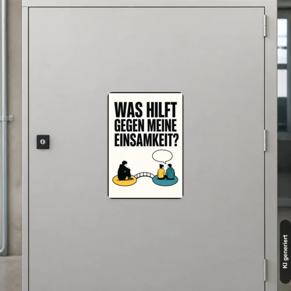 KI-generiertes Anwendungsbeispiel: Demonstrationsaufkleber mit „Was hilft gegen meine Einsamkeit?“ auf weißem Hintergrund mit Figurenmotiv in Schwarz, Gelb und Türkis.