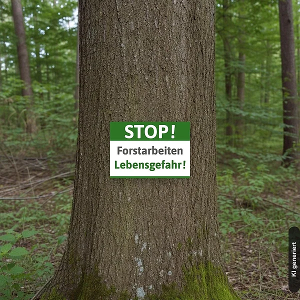 KI-generiertes Anwendungsbeispiel für Schild Stop Forstarbeiten Lebensgefahr grün: Schild klein und realistisch am passenden Einsatzort dargestellt.