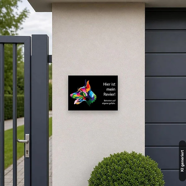 KI-generiertes Anwendungsbeispiel für Schild Warnung Dobermann - Betreten auf eigene Gefahr: Schild klein und realistisch am passenden Einsatzort dargestellt.