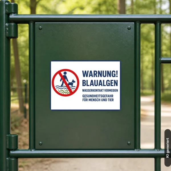 KI-generiertes Anwendungsbeispiel: Warnaufkleber Blaualgen an einem Uferzugang mit rotem Verbotssymbol und blauem Warntext.