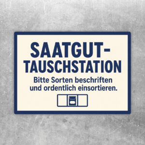 Saatgut-Tauschstation Aufkleber im Querformat mit Sonnenblume, Umschlägen, Sortierbox und Hinweis zum Beschriften.