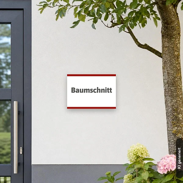 KI-generiertes Anwendungsbeispiel für Baumschnitt Hinweisschild: Schild klein und realistisch am passenden Einsatzort dargestellt.