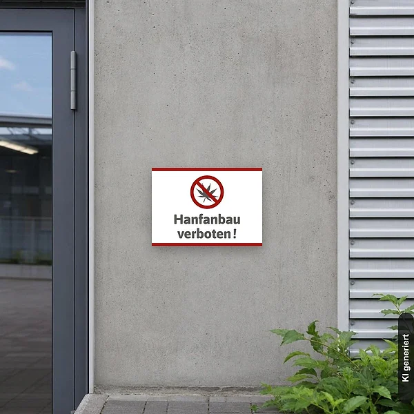 KI-generiertes Anwendungsbeispiel für Schild Hanfanbau verboten: Schild klein und realistisch am passenden Einsatzort dargestellt.