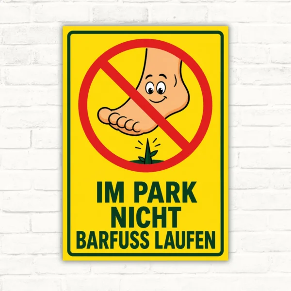 Schild mit Fuß im Verbotskreis und Text „Im Park nicht barfuß laufen“ als Hinweisschild für Grünflächen.