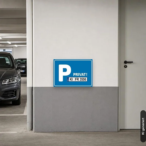 KI-generiertes Anwendungsbeispiel für Schild Privatparkplatz mit individuellem Kennzeichen blau weiss: Schild klein und realistisch am passenden Einsatzort dargestellt.