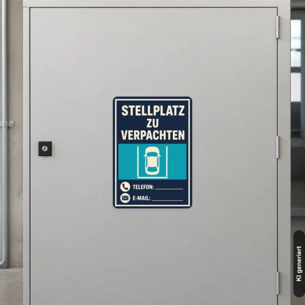 KI-generiertes Anwendungsbeispiel: Stellplatz zu verpachten Aufkleber mit Parkplatzsymbol auf glatter Fläche in gut sichtbarer Hofposition.